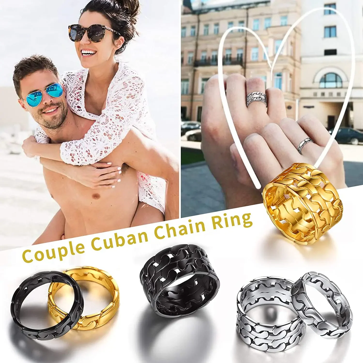 ChainsPro Sturdy 11.5mm Width Flat Cuban Link Chain Ring for Men Black/14K Gold Plated Metal Color 316L Stainless Steel Jewelry