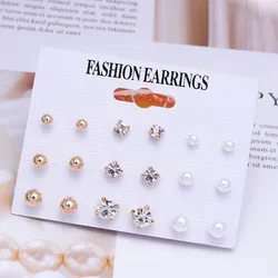 9 pairs/set Stud Earrings Sets For Women Retro Ear Jewelry Simulated Pearls Crystal Hollow Flower Fashion OL Brincos Promotion