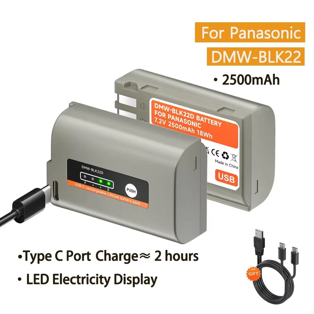 DMW-BLK22 DMW BLK22 2500mAh Battery with USB-C Fast Charge Port for Panasonic LUMIX DC-S5 II DC-S5K S5M2 GH5 II GH6 S5 IIX