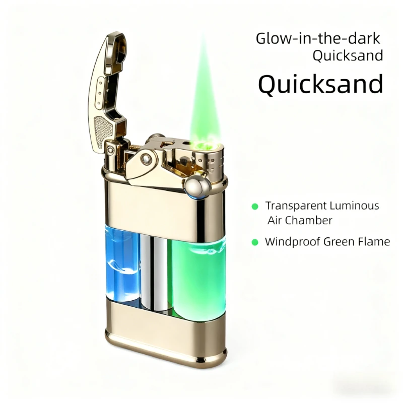 Glow-in-the-Dark Rocker Lighter - LED Light, Windproof Green Jet Flame, Refillable Creative Trendy Gadget for Enthusiasts