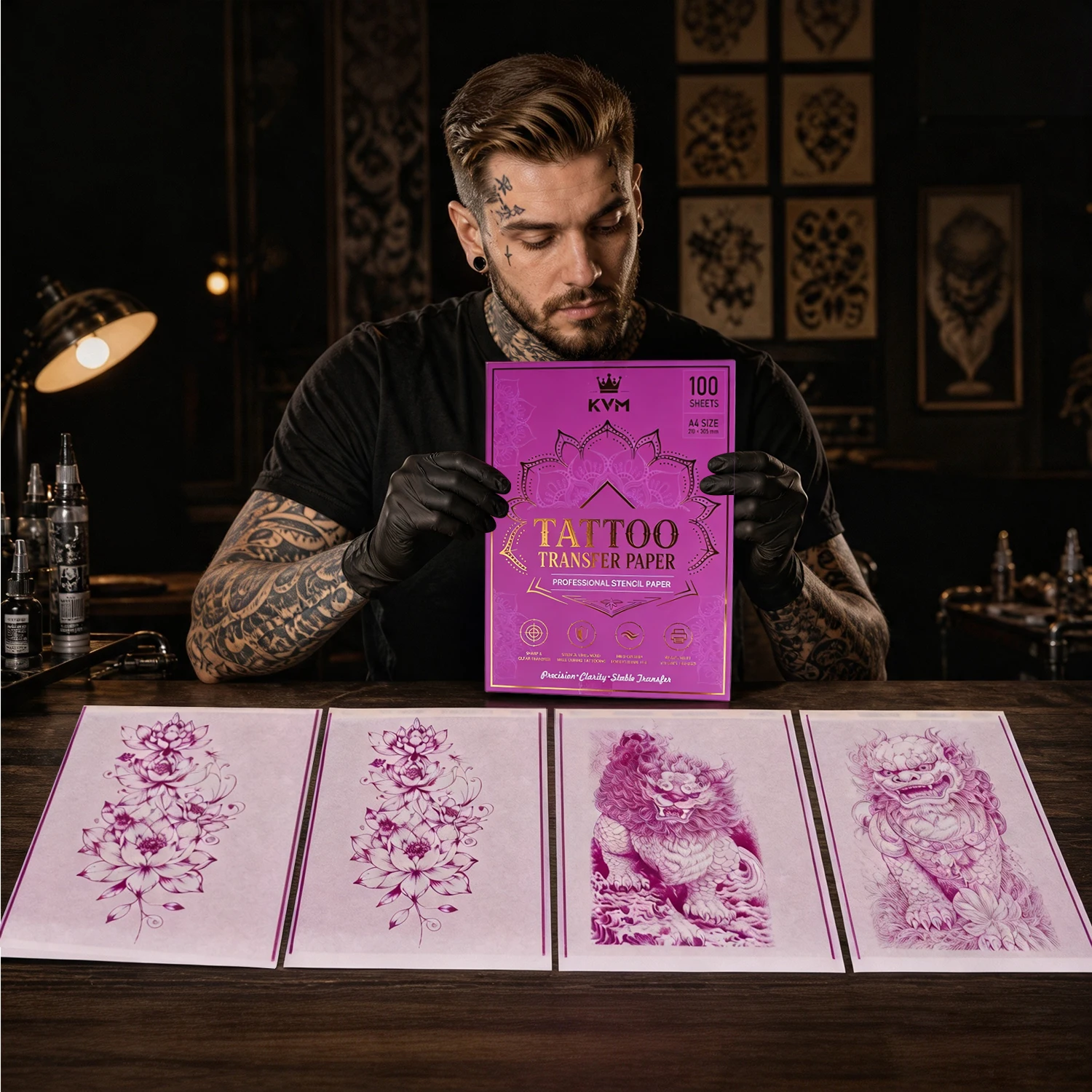 Professional KVM Tattoo Transfer Paper A4 Size 4‑Layer Structure Purple Stencil Sheets Sharp Clean Lines Tattoo Copy Paper