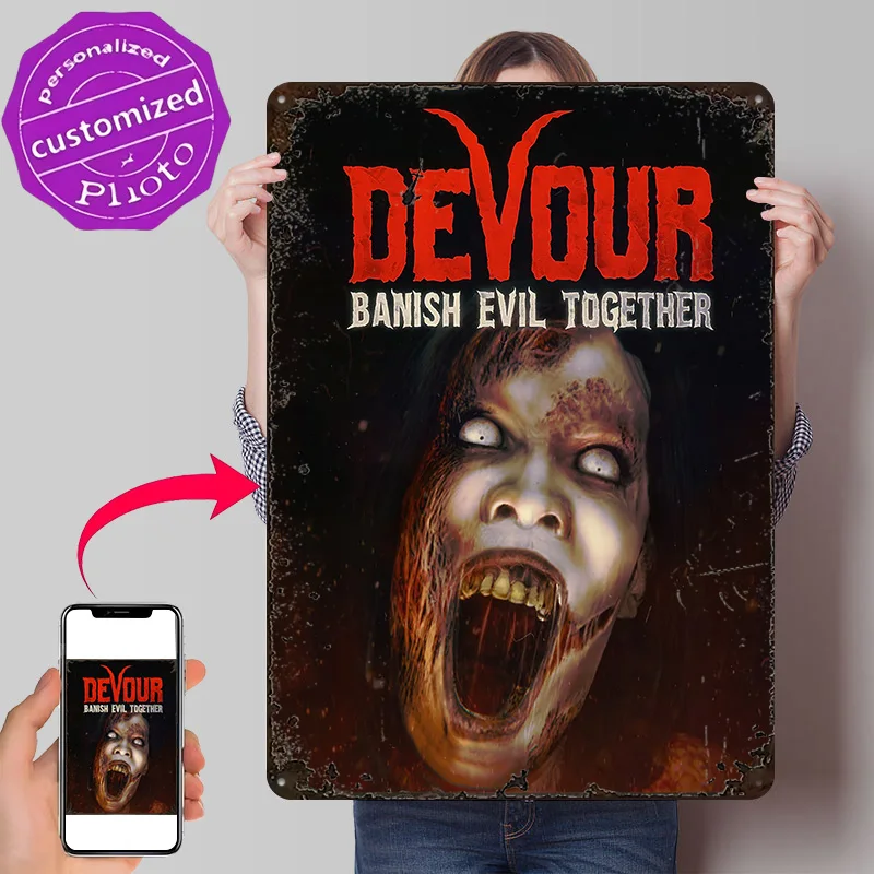 Devour: Banish Evil Together Poster Retro 3D Printed Metal Signs Customized Wall Hanging Gift for Room Decorating Interior Art