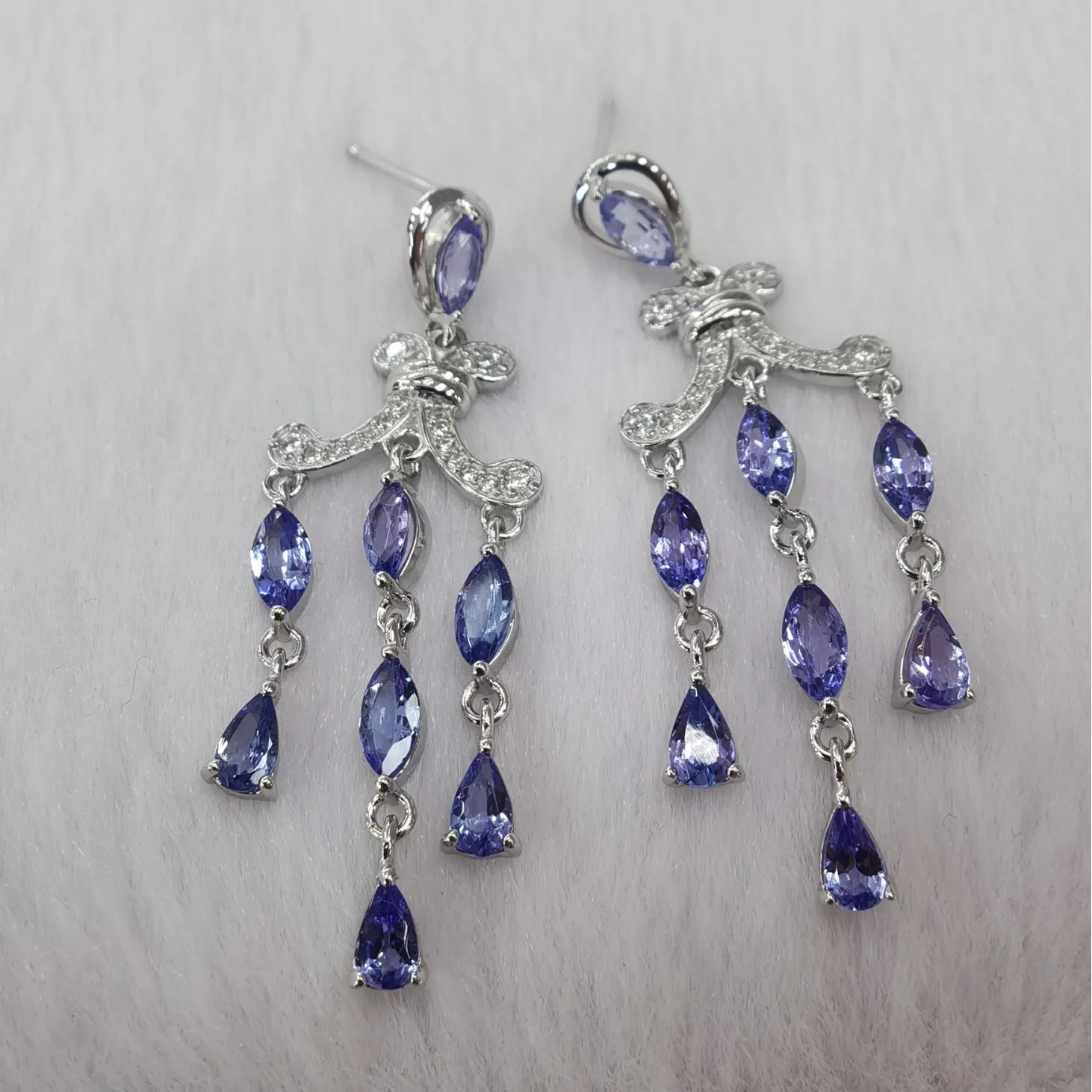 Natural Tanzanite Earrings, S925 Sterling Silver White Gold Plated with Fringe Drop, Elegant Gemstone Ear Jewelry for Women Gift