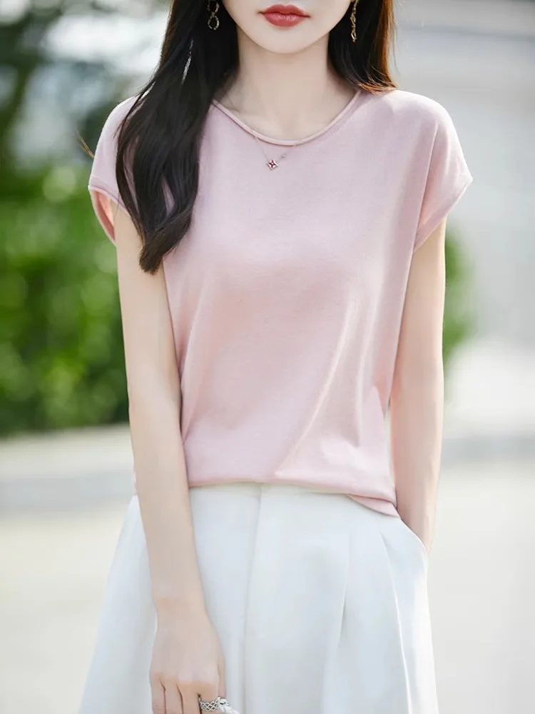تي شيرت Ele بسيط محبوك مستدير Ne تي شيرت نسائي فضفاض للتخسيس ort Sve Top Commute Sle لون نقي صيفي Faion
