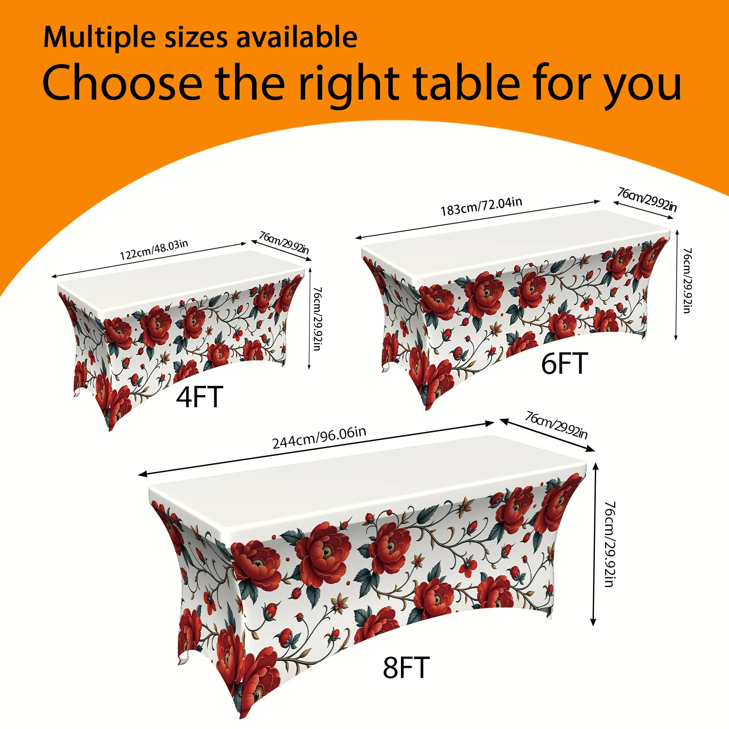 1PC Summer Outdoor Elastic Tablecloth, Red Rose Floral Printed Stretchable Table Cover for 4/6/8FT Rectangular