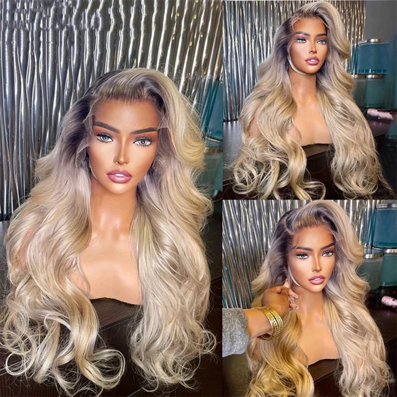 Ombre Platina As Blonde Gekleurde Body Wave 13X4 Hd Transparant Kant Front Menselijk Haar Pruiken Braziliaanse Remy Frontale Pruik Te Koop