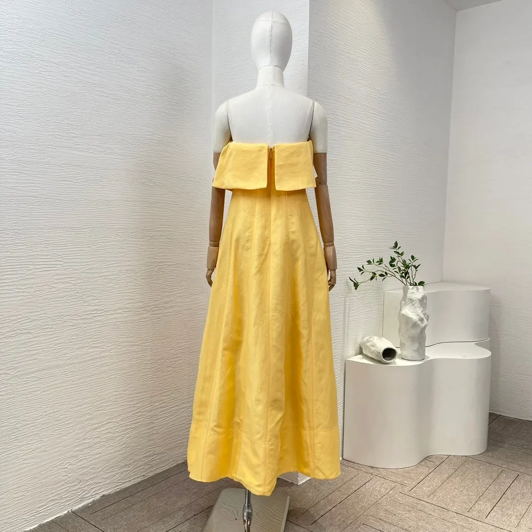 2024 Spring Yellow Pink Ruffles Sleeveless Midi Dress