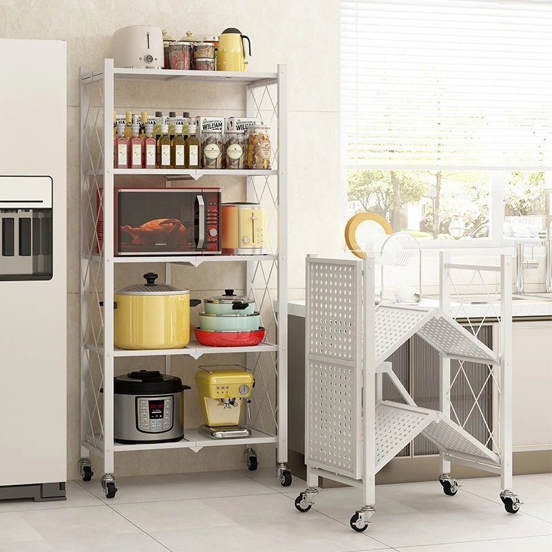 Kitchen storage rack, floor to floor, multi-layer storage rack, household movable wheeled small cart, folding wall storage rack