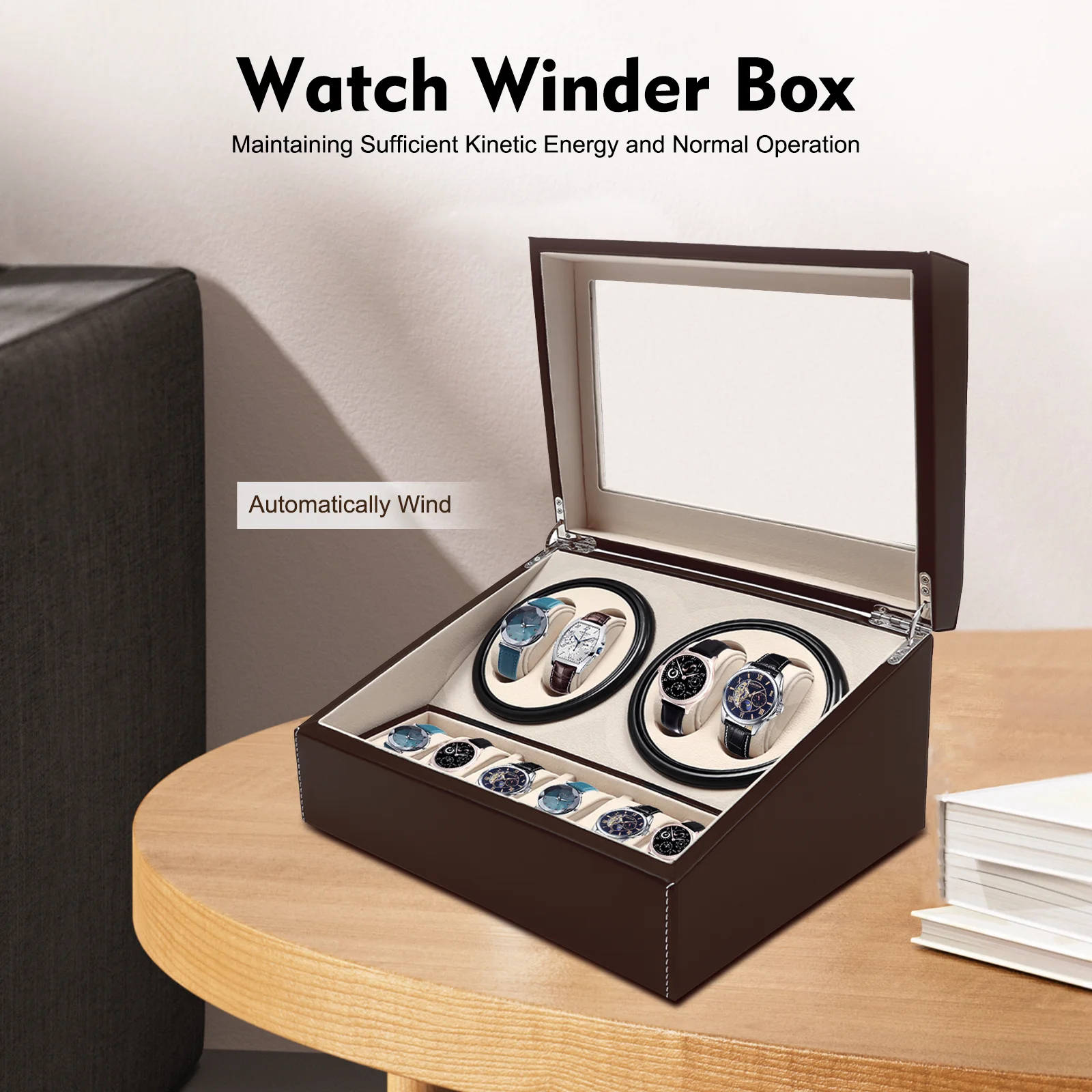 4+6 Automatic Rotation Leather Wood Watch Winder Storage Box Display Case