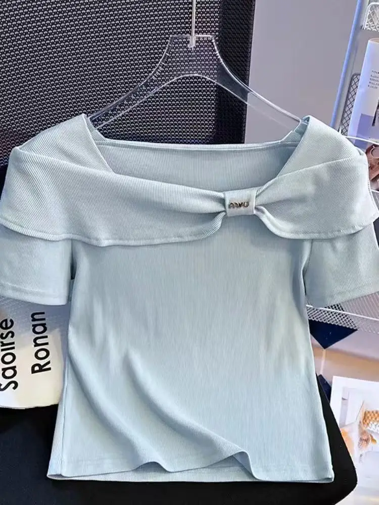 

Slim Fit Square Collar ort Sve T-irt Women's Summer New Design Casual Faion Top Breathable Moisture ng Pure Color