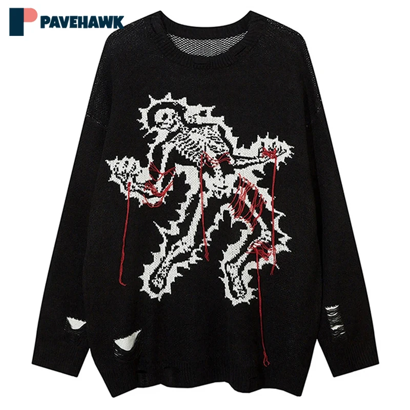 

Hip Hop Gothic Kintted Sweaters Man Woman Punk Oversized Round Neck Pullover Y2k Harajuku Skull Letter Pattern Jumpers Couple