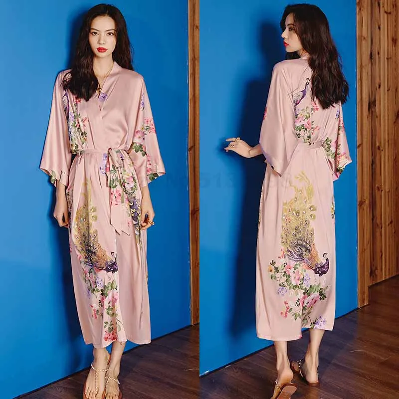 Retro Chinese Style Print Sleepwear Women Long Robe Summer Satin Sleepwear Nightdress Half Sleeve Kimono Bathrobe Gown Home Wear