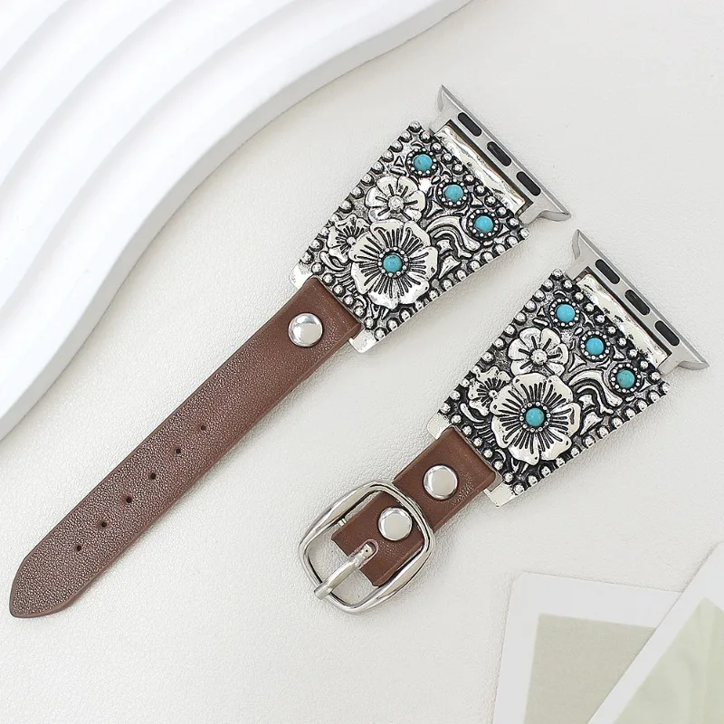 Vintage Turquoise Leather Watch Band, Durable Replacement Strap for Apple Watch 4/5/6/7/8 SE, Retro Fashion Wrist Accessories
