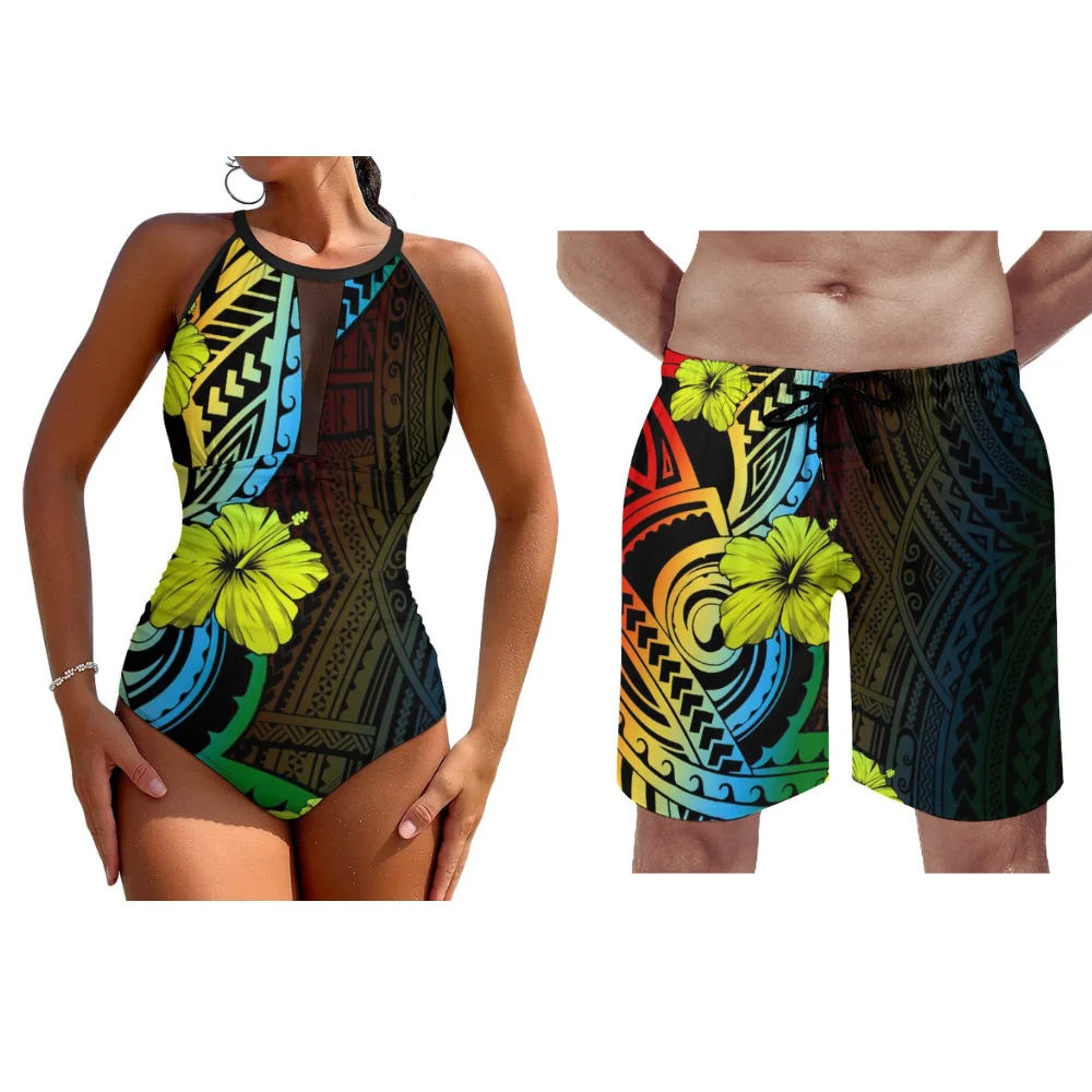 Paare Surf Set Hawaii Resort Strand einteiligen Badeanzug für Frauen sexy Ausschnitt Halfter für Männer Shorts benutzer definierte polynesische Druck