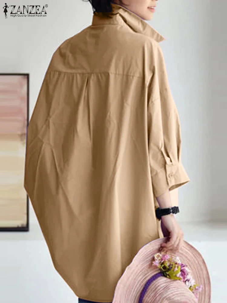 ZANZEA Women Chic Shirts Loose Casual Turn-down Collar 3/4 Sleeve Oversize Chemise Femme 2025 Spring Summer Solid Color Tops