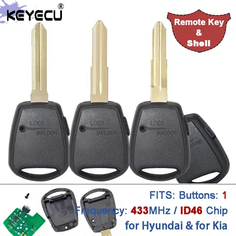 KEYECU 433MHz ID46 칩 1버튼 자동차 리모컨 키, 현대 엑센트 iLoad iMax, 기아 리오 피칸토 소울 벤가 씨드 (무등)용