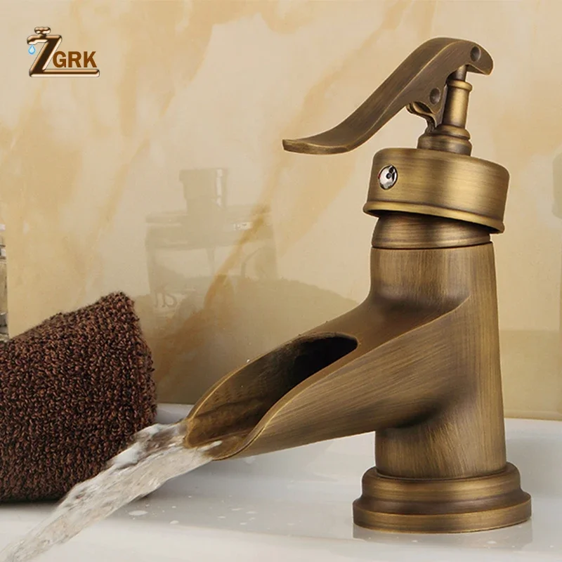 ZGRK Basin Faucets Antique Brass Waterfall Bathroom vessel Sink Faucet Single Handle Deck Wash Mixer Water Tap WC Taps