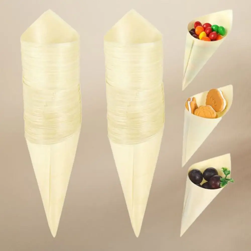50PCS Wooden Ice Cream Cone Cup Multi-size Yellow French Fry Packaging Box Cone Shaped Multi-purpose Bull Horn Cup Party