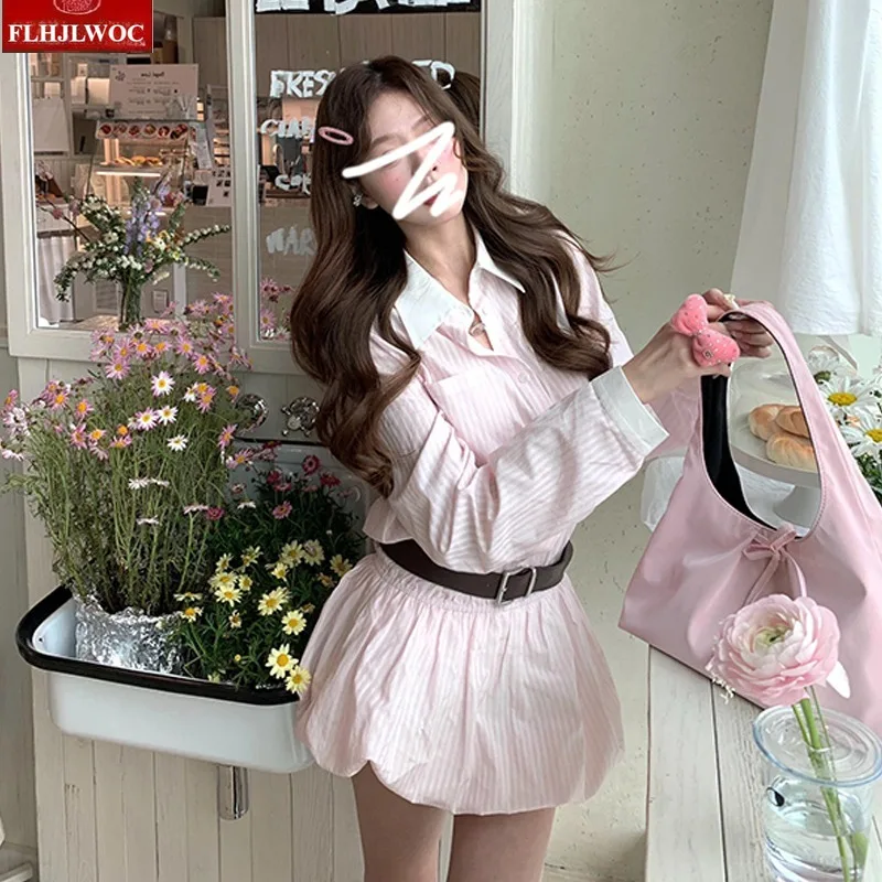 Vestido camisero bombachos a rayas nueva moda mujer 2025 otoño manga larga Chic Corea Japón estilo niñas Rosa lindo Puff Mini vestidos