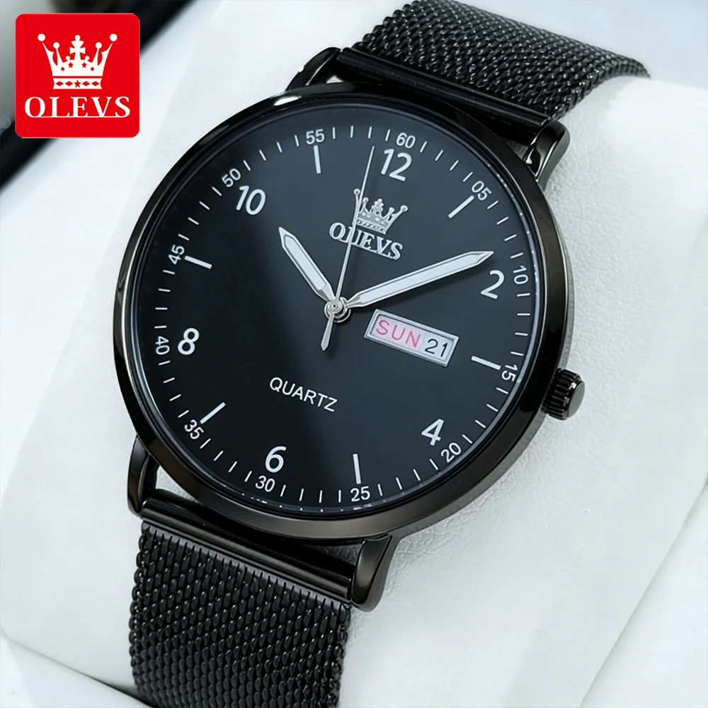 

Мужские часы OLEVS, минималистичные, модные, с сетчатым ремешком из нержавеющей стали, оригинальные кварцевые наручные часы для мужчин, с арабской шкалой цифр, модель 2996
