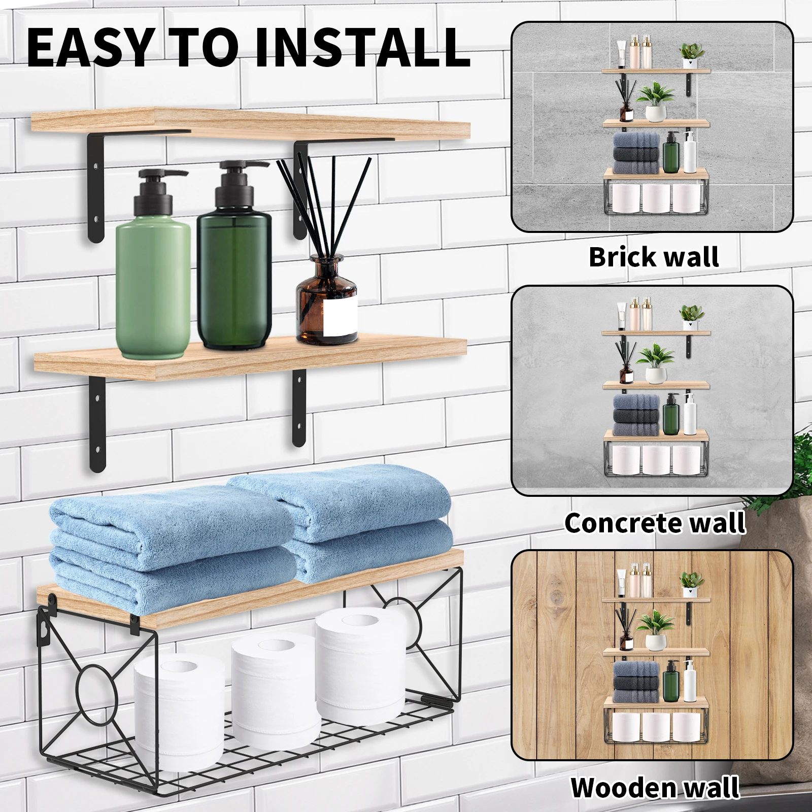 Floating Shelves Robust Wall Hanging Shelf with Storage Basket Metal Bracket Storage Shelf Multi Functional Storage Shelf