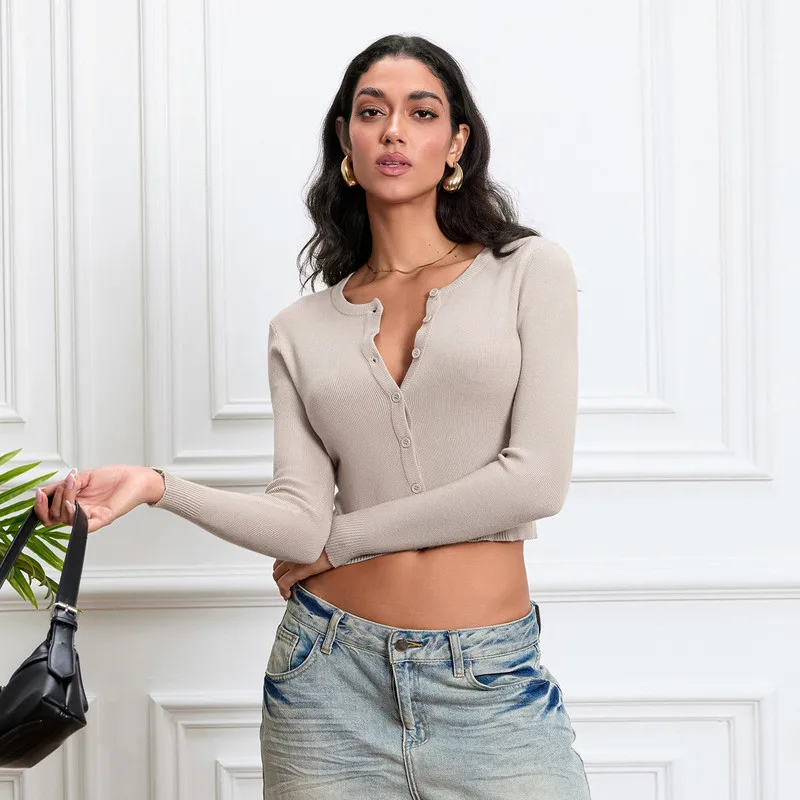 

WPNAKS Women Solid Color Knit Crop Tops Spring Autumn Clothes y2k Button Down Sexy Long Sleeve Crew Neck Lightweight Sweater