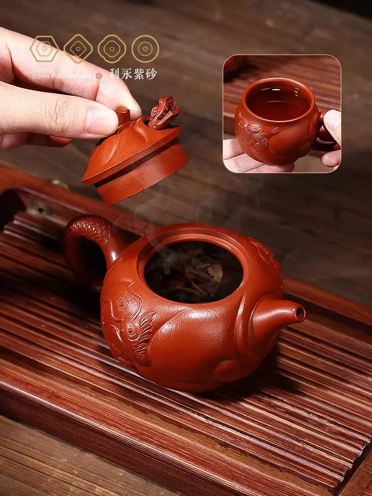 Centennial Liyong Yixing Original Mineral Purple Clay Teapot, Pure Handmade Tea Zhu Ni Fish-Turned-Into-A-Dragon Teapot Set,