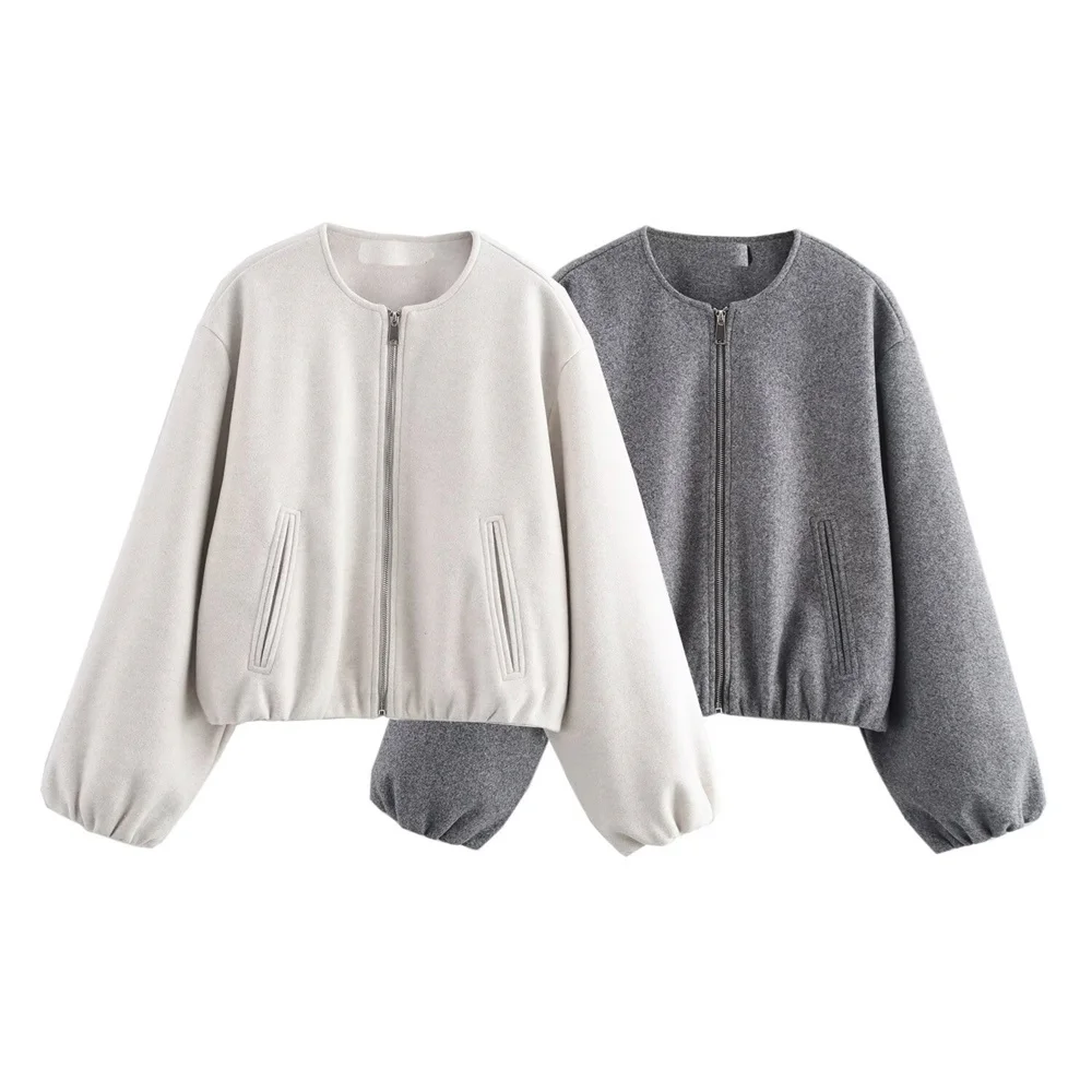 autumn new European and American style round neck long sleeved loose short pocket decoration soft pilot jacket jacket