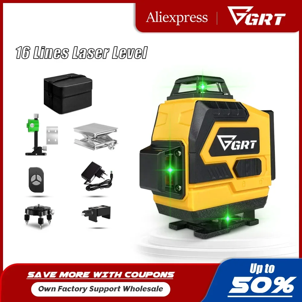 

Powerful 16 Lines Green Laser Level Measuring Tool with Horizontal and Vertical Self-Leveling, 360° Rotation and High Accuracy