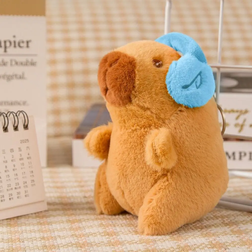 Portable Capybara Pendant Plush Toy Key Chain Wearing Headphones Capybara Stuffed Animals Doll Bag Hanging Ornaments