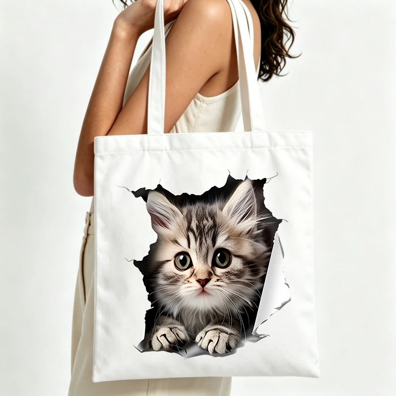 cute cat graphic canvas tote bag, casual style for daily shopping and casual outings