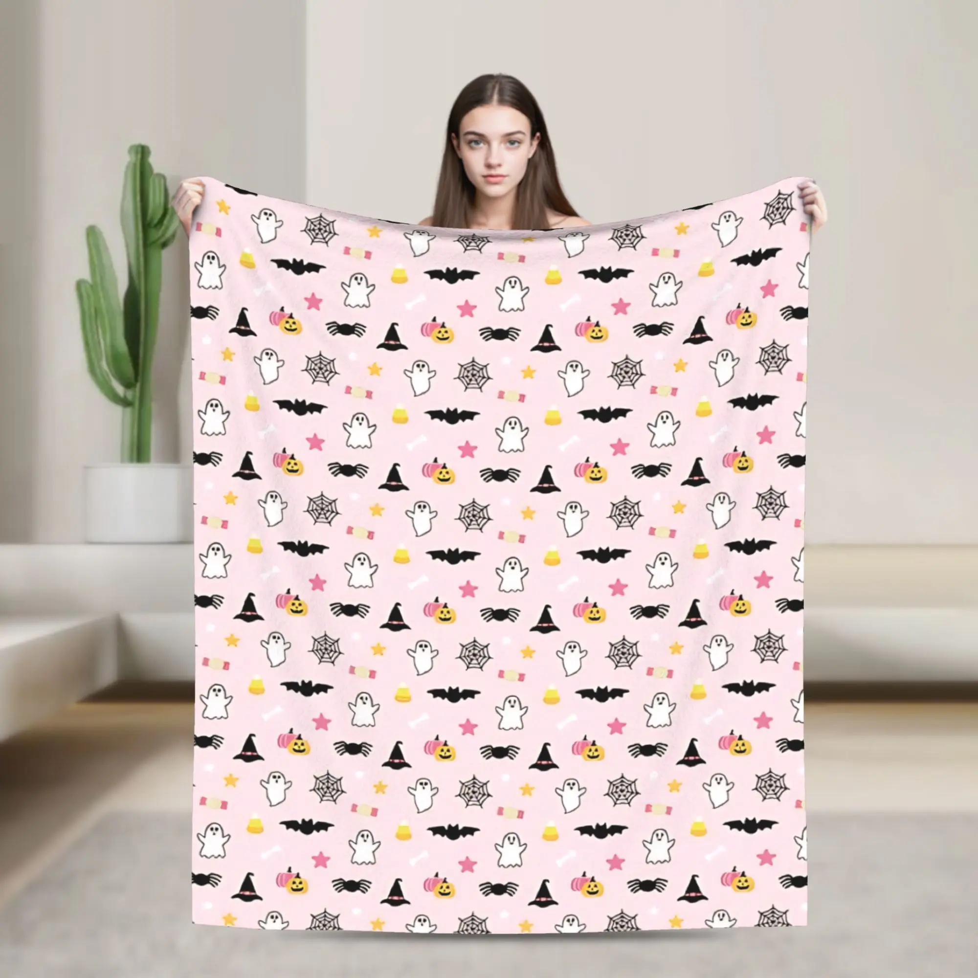 Pink Halloween Pattern  Blanket Pink Coquette Ghost Fleece Vintage Warm Throw Blanket for Home Decoration,