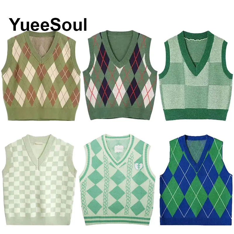 

Зеленые женские жилеты в клетку, свитер большого размера без рукавов, жилет, новинка 202, Y2K High Street, повседневный базовый трикотаж, женский жилет