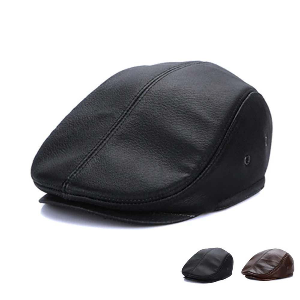 Lvy Male Ear Flaps Thicker Genuine Cowhide Leather Solid Classic Driving Cap Winter Flat Caps Beret Men Black Warm Duckbill Hat