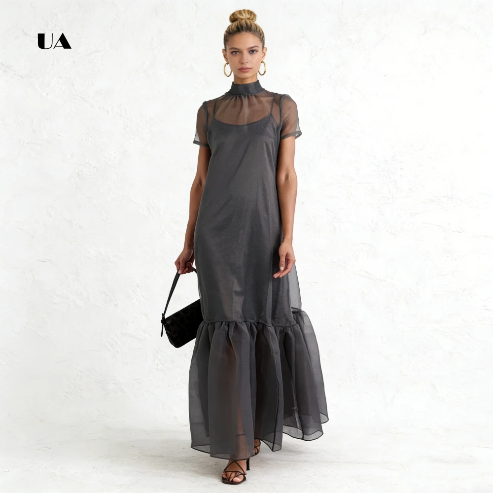 ULBYANRY Robe de bal en organza transparent à volants avec col mi-haut, robe de soirée unie à manches courtes pour femme, robe de soirée personnalisée