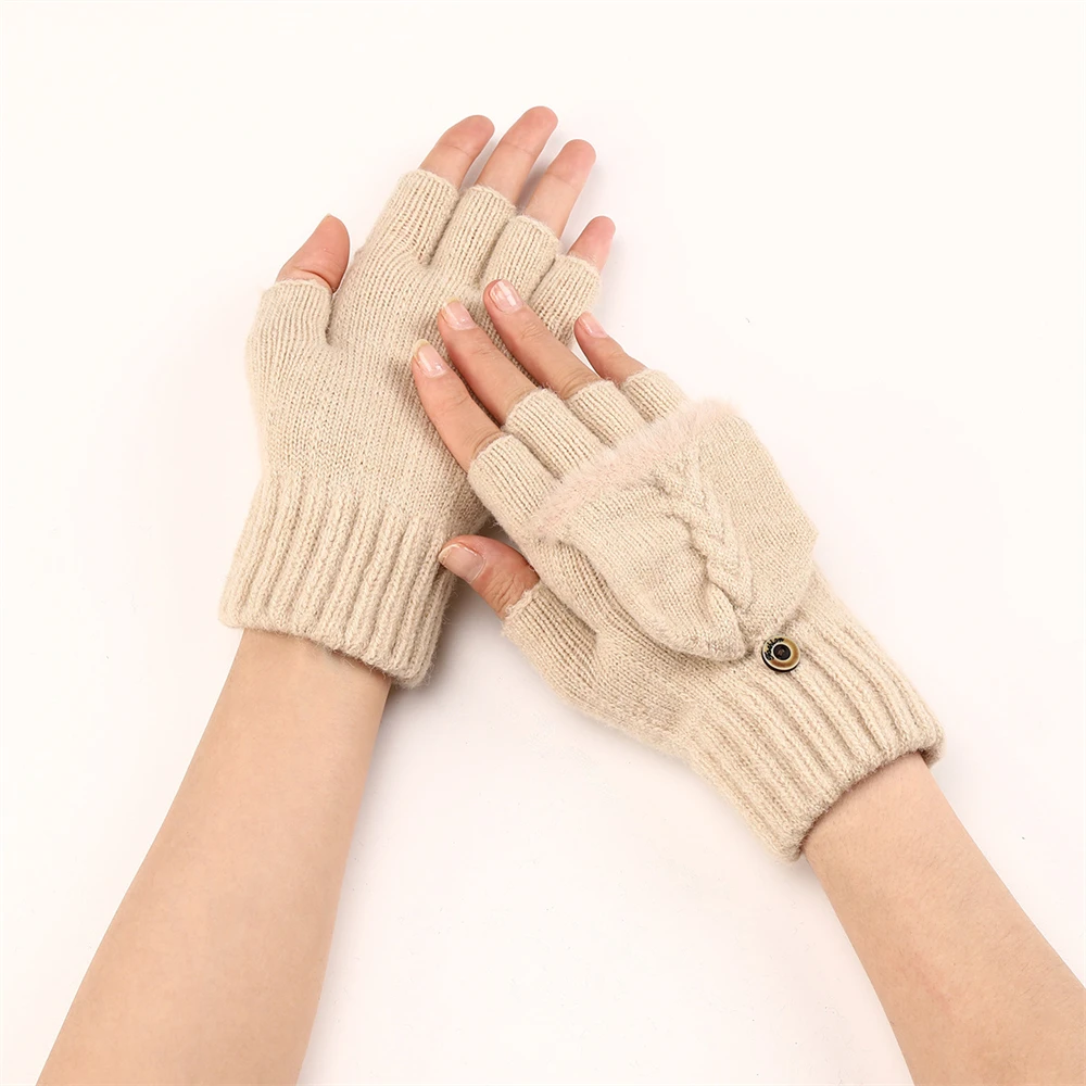 Women's Knitted Jacquard Fingerless Flip Cover Gloves Winter Thickened Warm Exposed Half-finger Gloves Wool Fingers Free Mittens