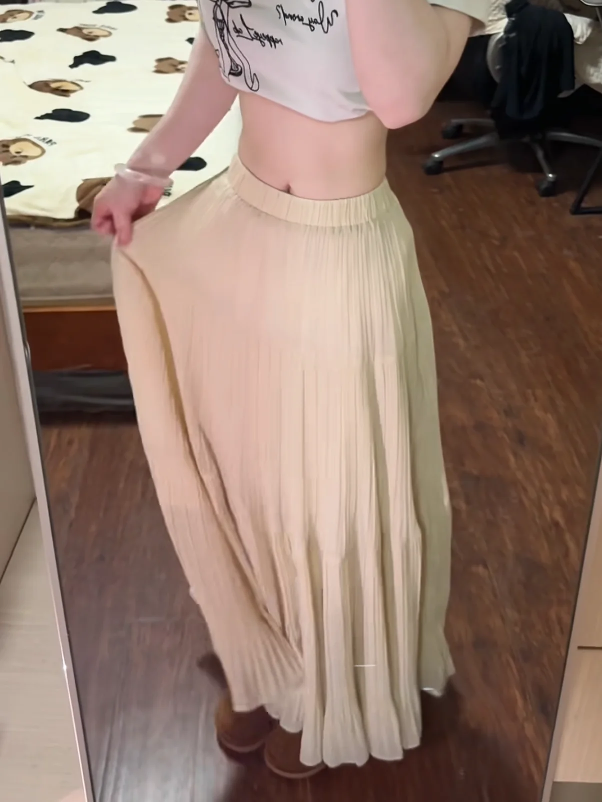 Elegant High Waist Pleated Midi Skirt Slimming Drapey Beige Versatile Summer Fashion Ladies' Half-length Skirt