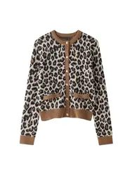 Women's Animal Jacquard Knit Cardigan Sweater, Long Sleeve, Front Gold Button, Female Outerwear, Chic Tops, Fashion