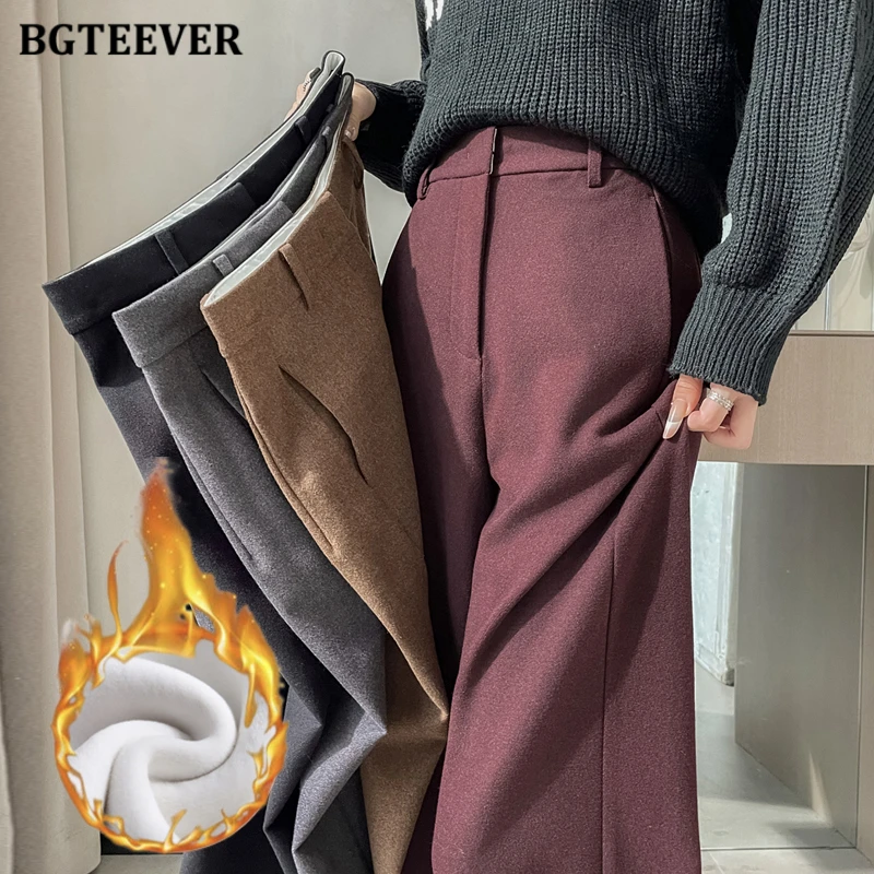 

BGTEEVER Winter Thicken Women Wide Leg Trousers High Waist Pockets Warm Velvet Ladies Long Woolen Pants