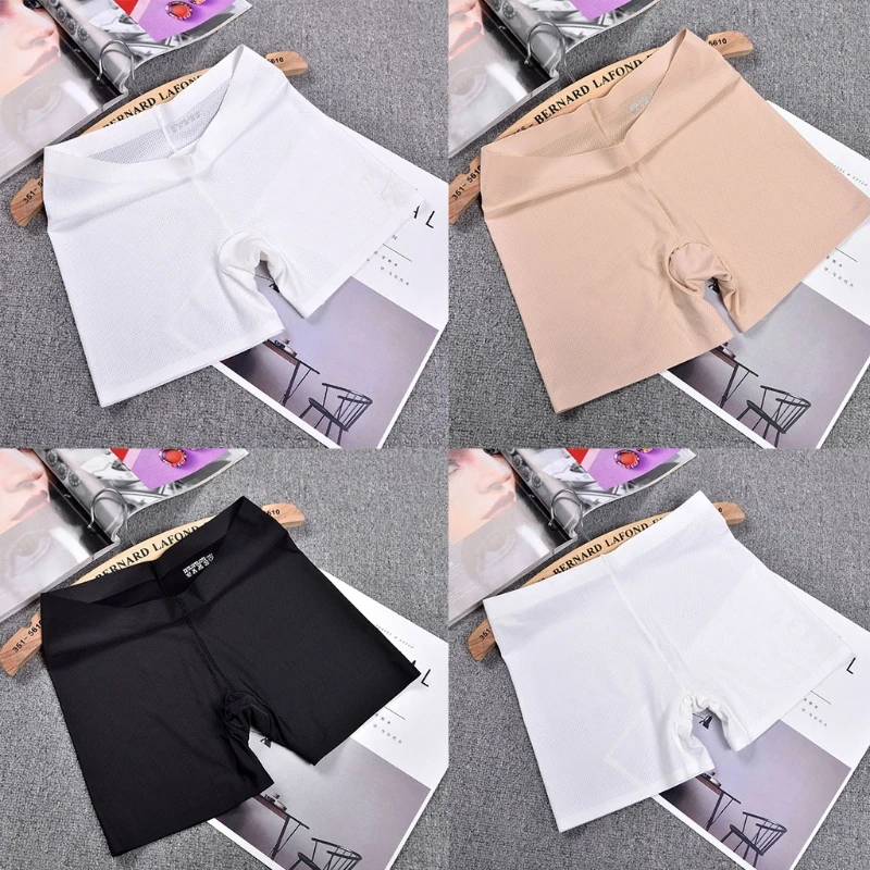 

Womens Ice Silk Safety Shorts Seamless Boxer Briefs Underwear Boyshort Solid New Flesh Color Black White One Size