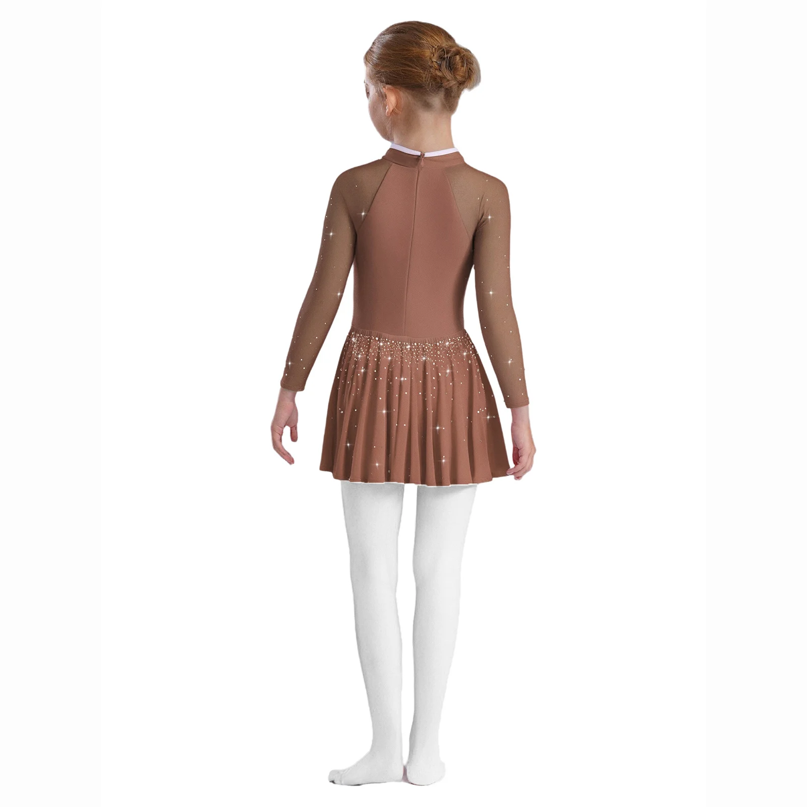 Girls Lyrical Dance Dress Long Sleeves Mandarin Collar Sheer Mesh Shiny Rhinestones Knot Button Side Split Ballet Leotard Dress