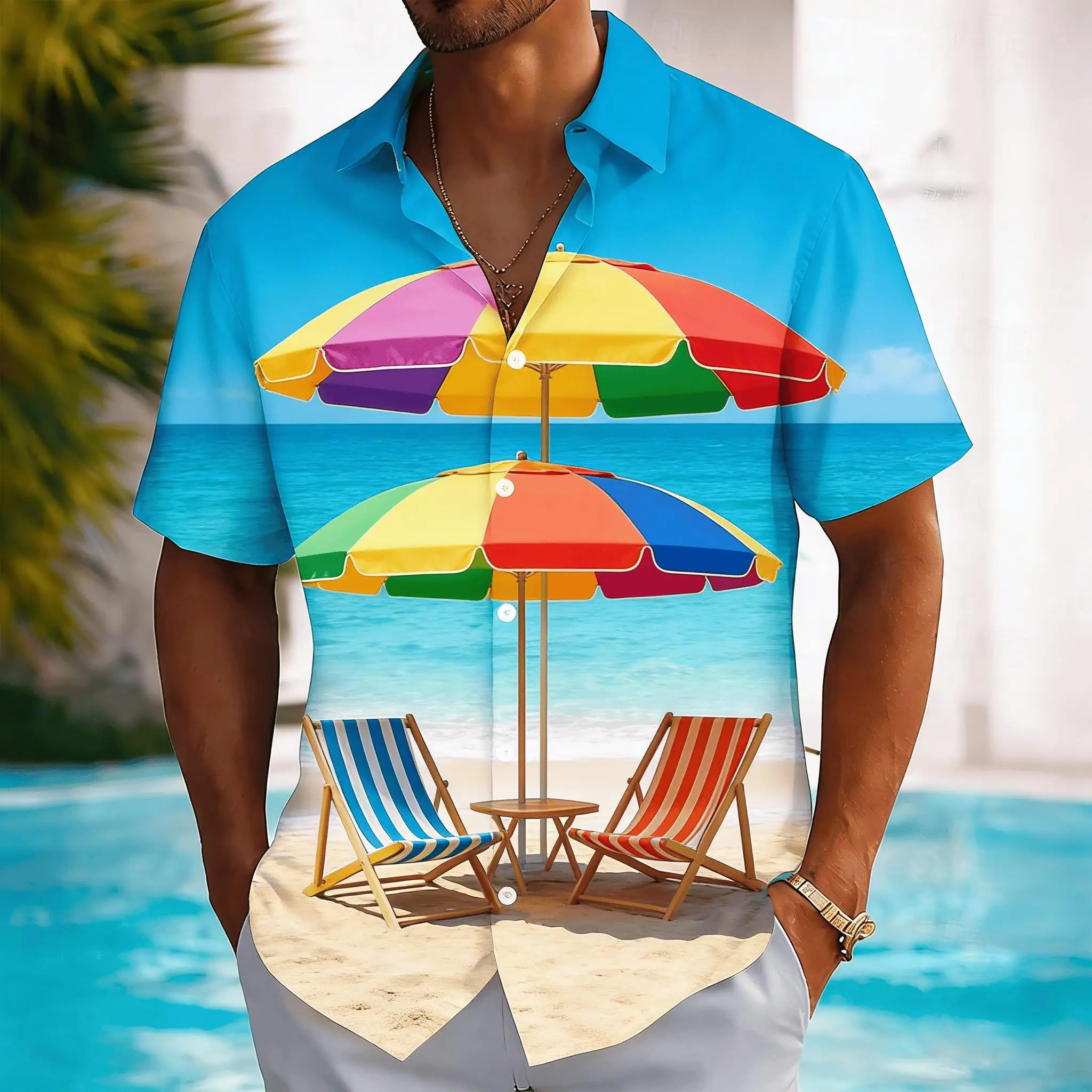 

Men's Beach Vacation Print Short Sleeve Shirt, 3D Scenic Umbrella & Chairs Design Button Down for Spring Summer Casual