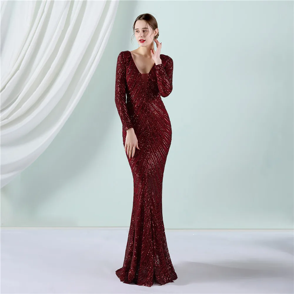 DEERVEADO Mermaid V Neck Sequins Evening Dresses for Woman Elegant Long Sleeves Special Occasion Dress Formal Party Maxi Dress