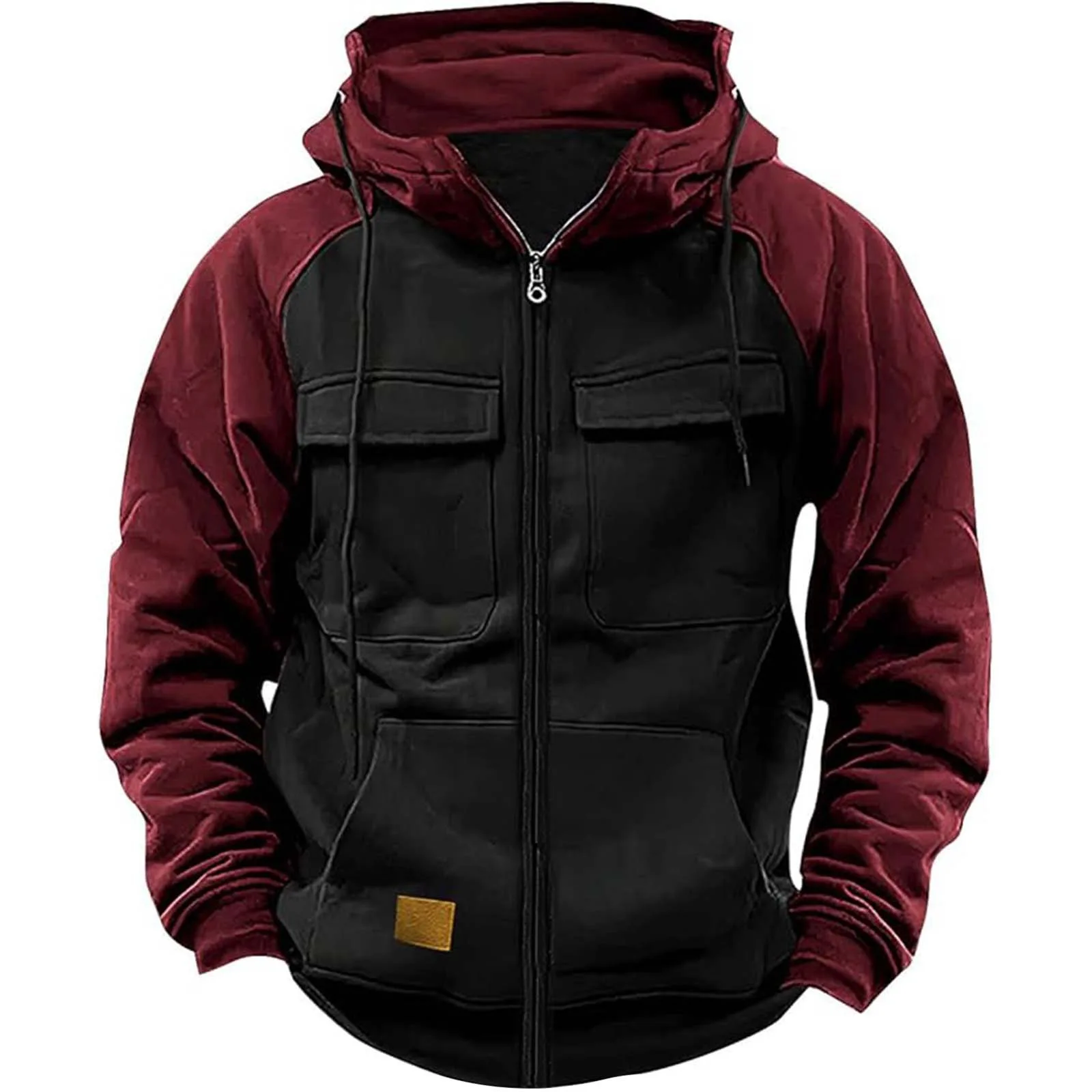 Autumn Winter Hoodies Men Zipper Patchwork Warm Fleece Sweatshirts Multi Pockets Male Fashion Hooded Jacket Thick Outdoor Hoodie