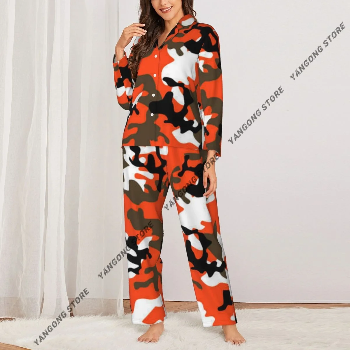 Women Sleepwear Loungewear Fashion Camouflage Pattern Long Sleeve Lapel Neck Shirt and Elastic Waist Pants Pajamas Set