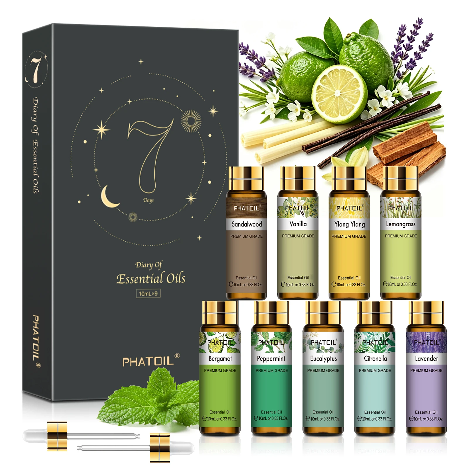 PHATOIL Essential Oils Set for Diffuser & Aromatherapy, 9PCS 10ml Natural Plant Scent Oils for Home,Office,Car,Candle Making