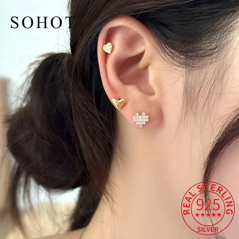 

Real 925 Sterling Silver Mini Zircon Heart Stud Earrings For Charm Women Cute Fine Jewelry Exquisite Geometric Accessories