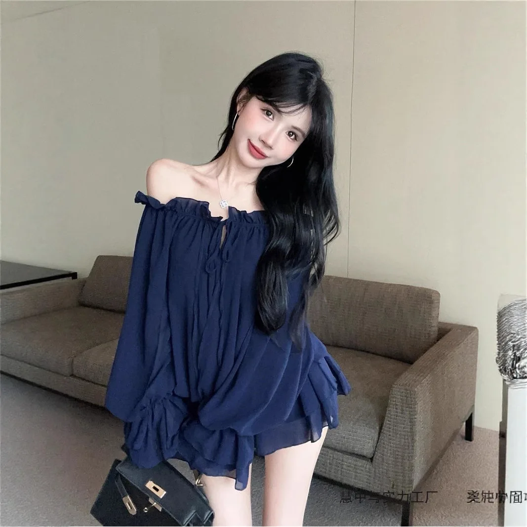 

2026 New Women's Pure Desire Off Shoulder Ruffle Chiffon Blouse Elegant Tie Neck Mesh Long Sleeve Top