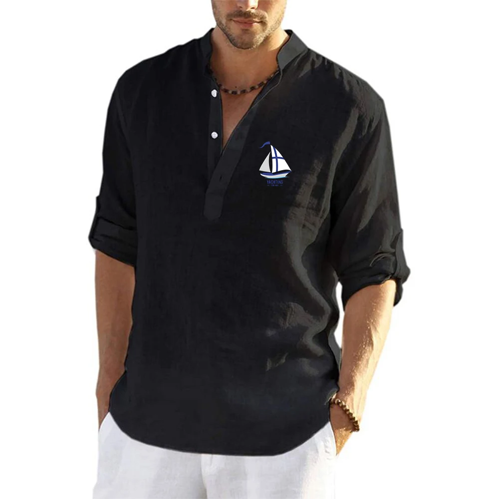 Finland Yachting Graphic Cotton Linen Shirt for Men Henley Neck Solid Color Lightweight Breathable Slim Fit Single Breasted