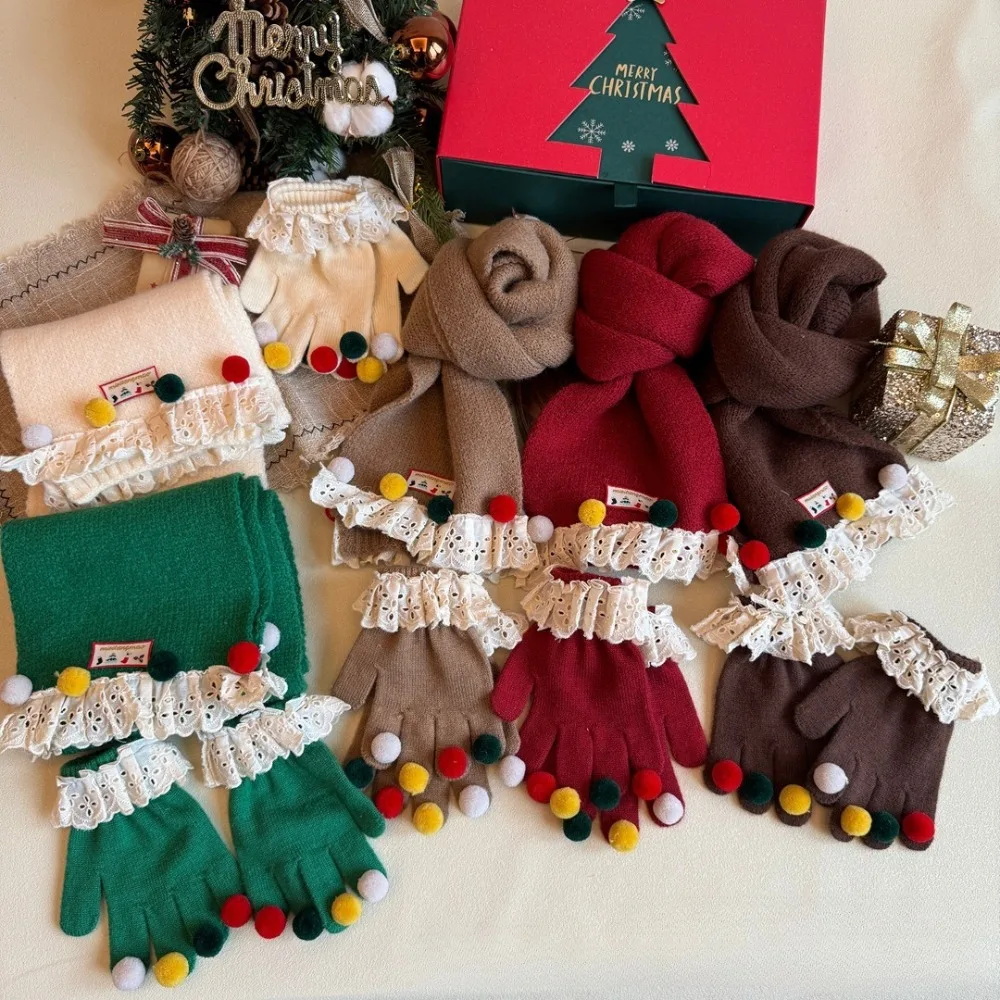 

Christmas Knitted Scarf And Glove Set for Children Red/Green Lace Fur Ball 2-Piece Suit Baby Boys And Girls Winter Accessories